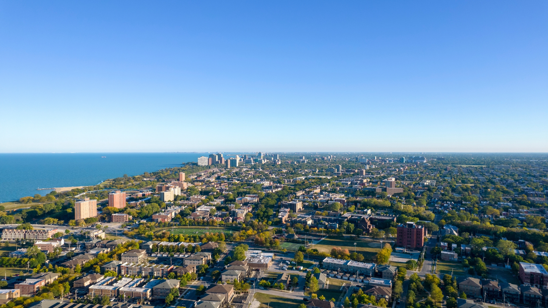 An aerial view image of South Shore with Lake Michigan in the background