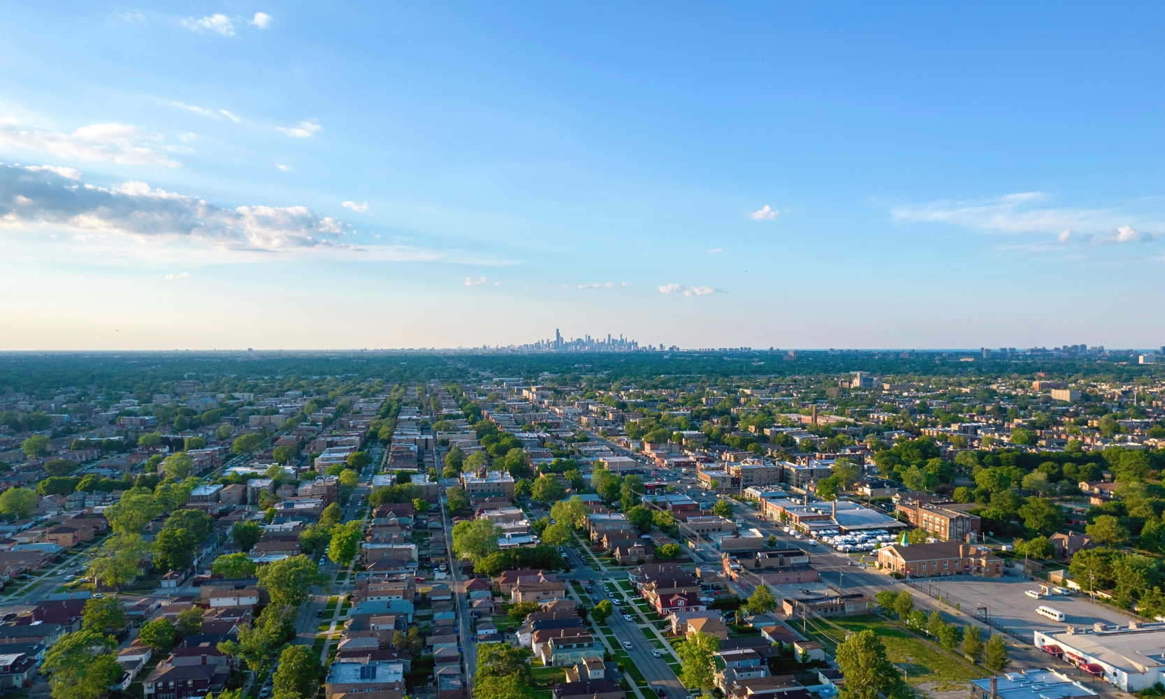 An aerial view image of the Chicago skyline from South Shore neighborhoods