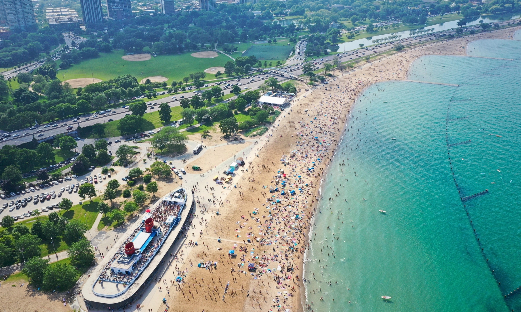 Aerial view image of Montrose Beach in Chicago