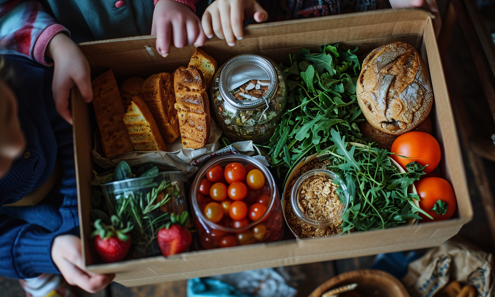 Top view image of children's hands holding a fresh farmers market food box