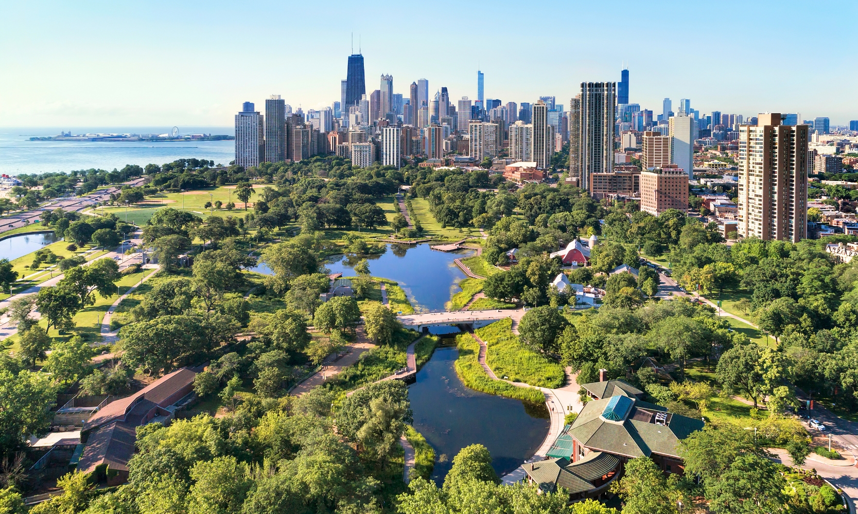 An aerial view image of Lincoln Park Chicago with the park and city skyline