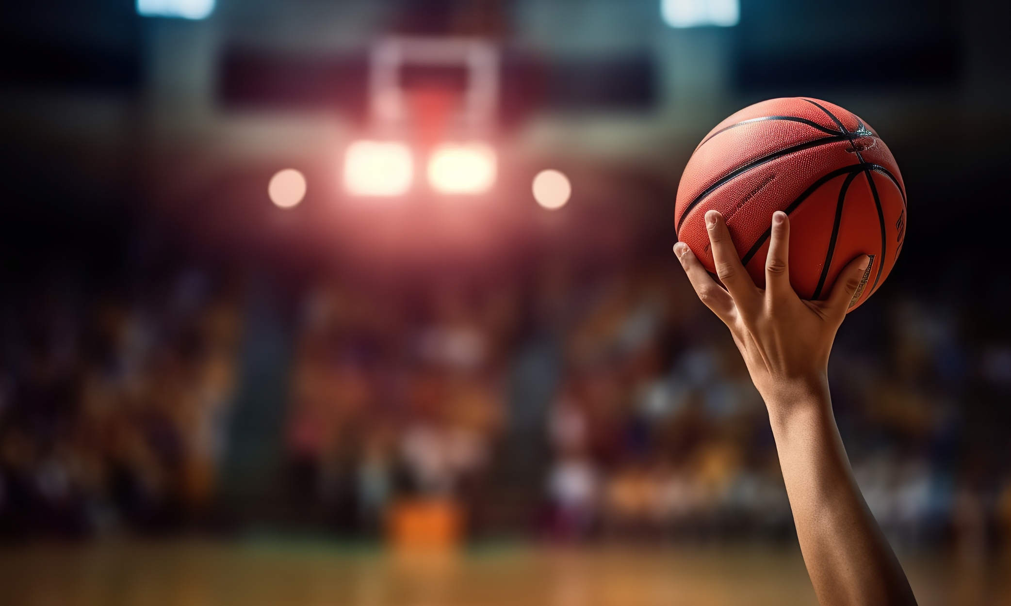 A person holding a basketball inside a sports gym with a blurred background