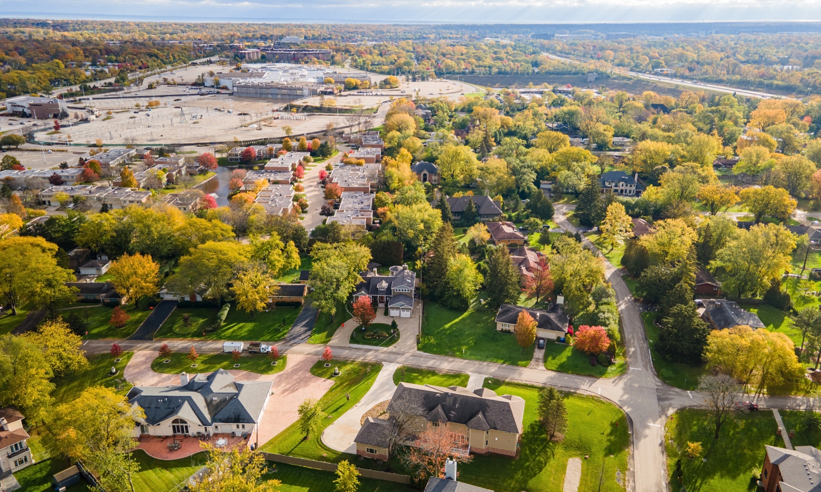 An aerial view image of an Illinois suburb