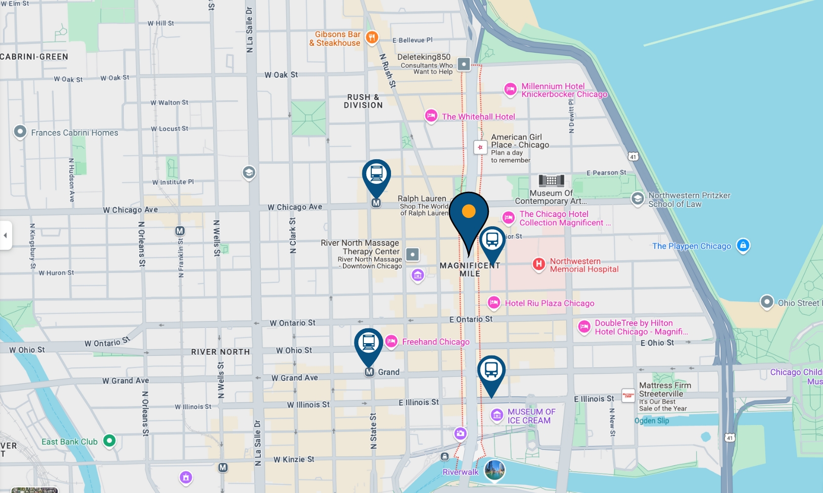 A Google Maps screenshot of the Magnificent Mile in River North, Chicago, with train and bus stop pins