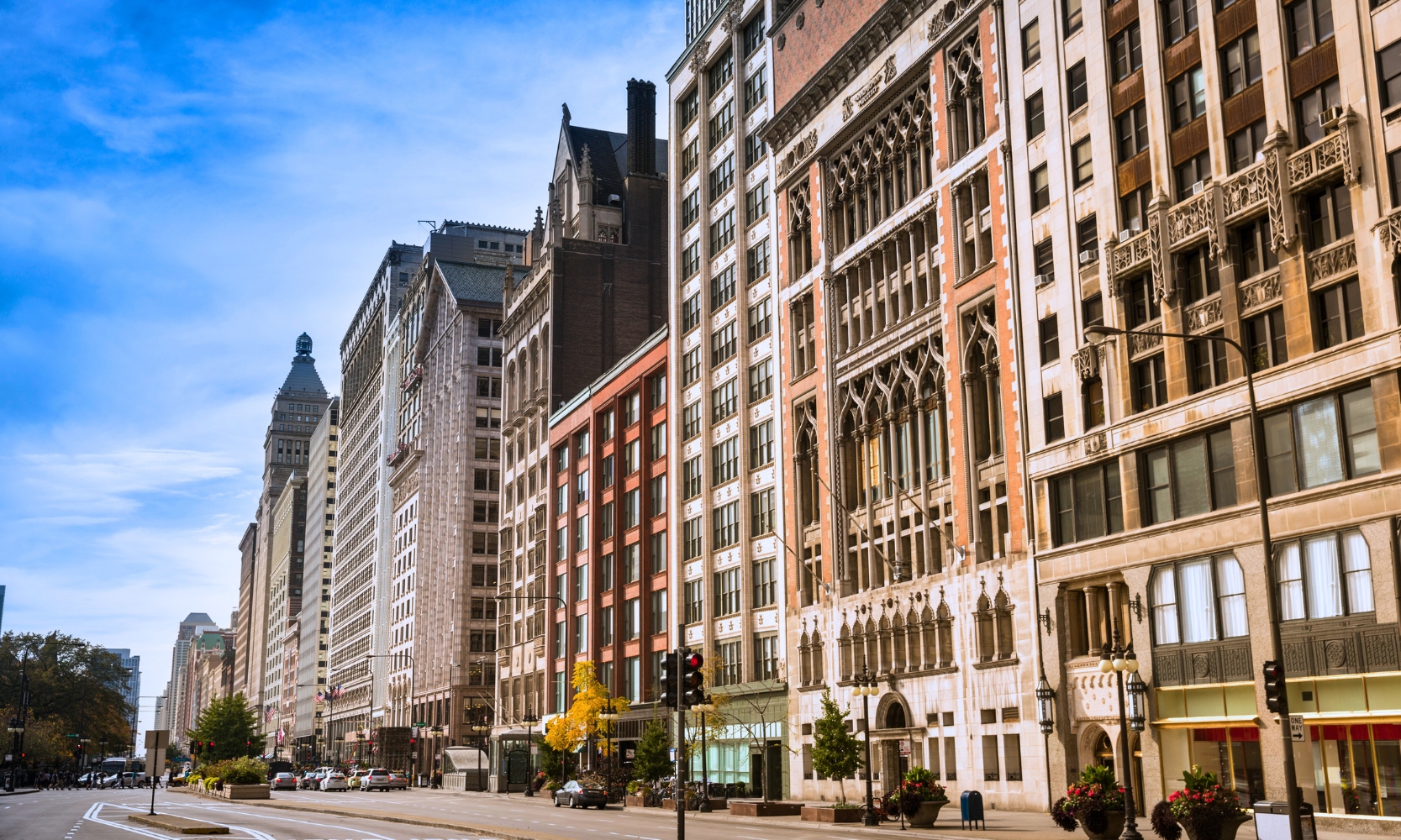 An image of the Magnificent Mile buildings on a block in River North, Chicago