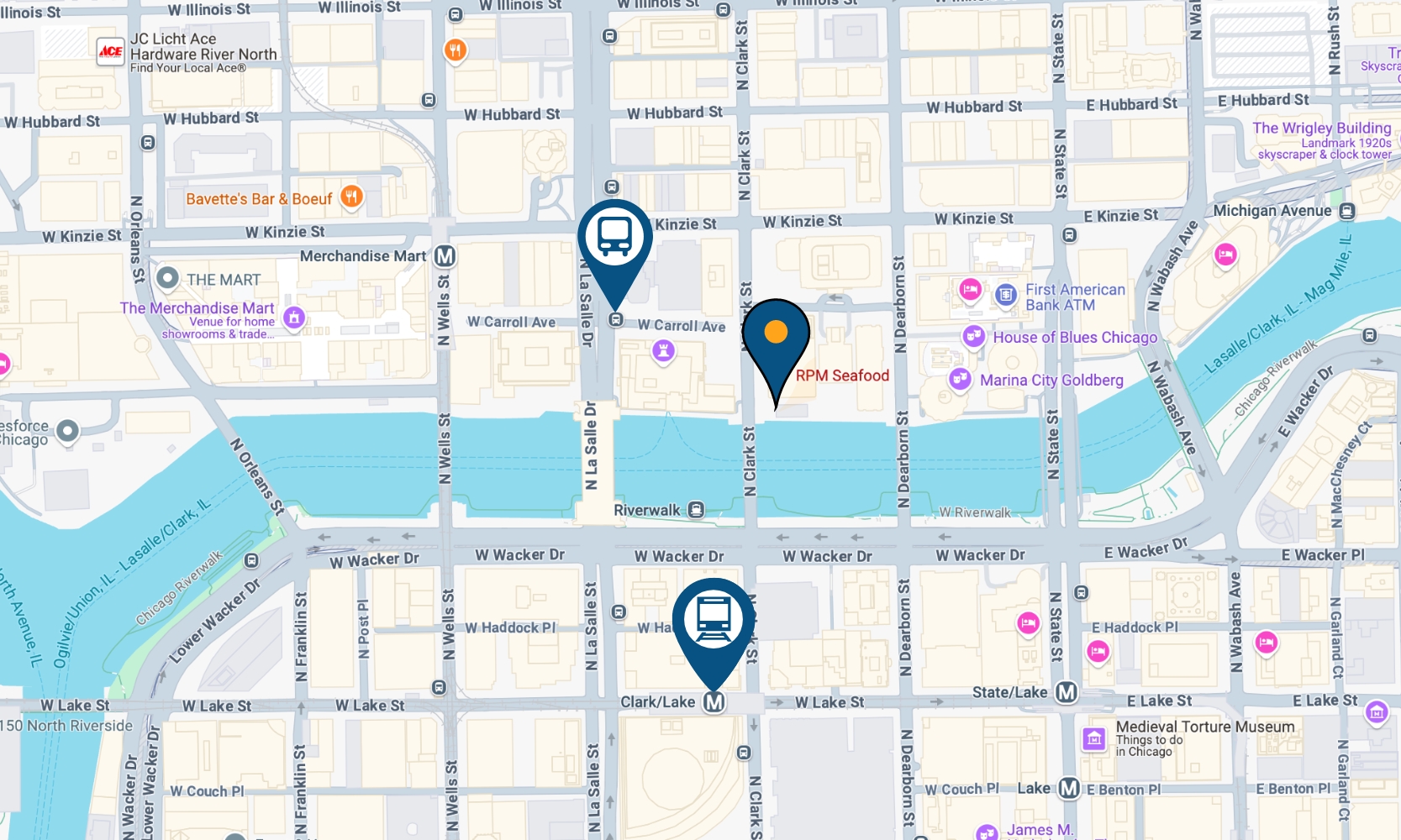 A Google Maps screenshot of RPM Seafood in River North, Chicago, with train and bus stop pins