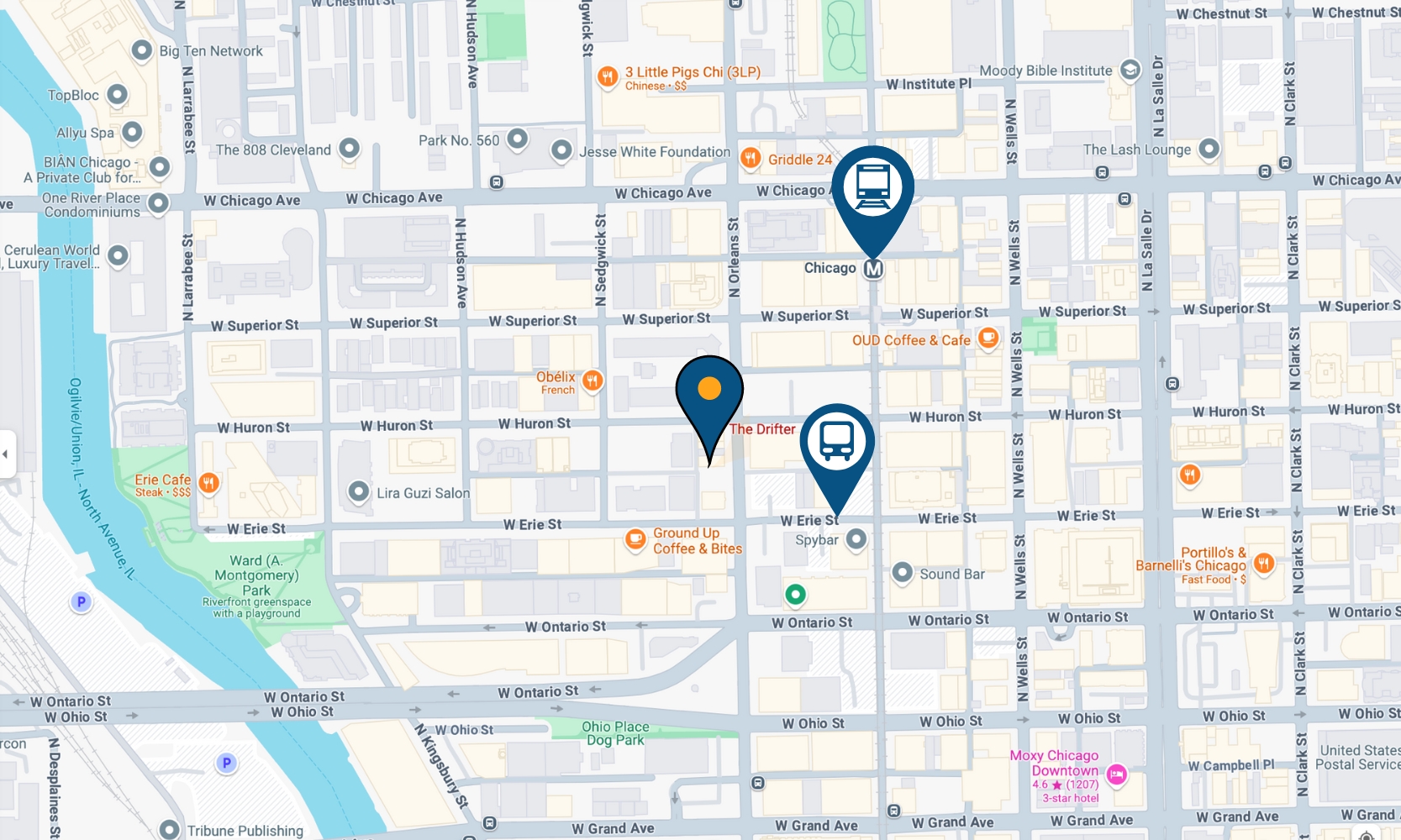 A Google Maps screenshot of The Drifter bar with train and bus stop pins in River North, Chicago