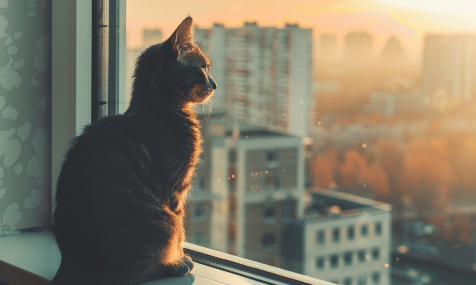 An orange cat looking outside a city apartment window during sunset