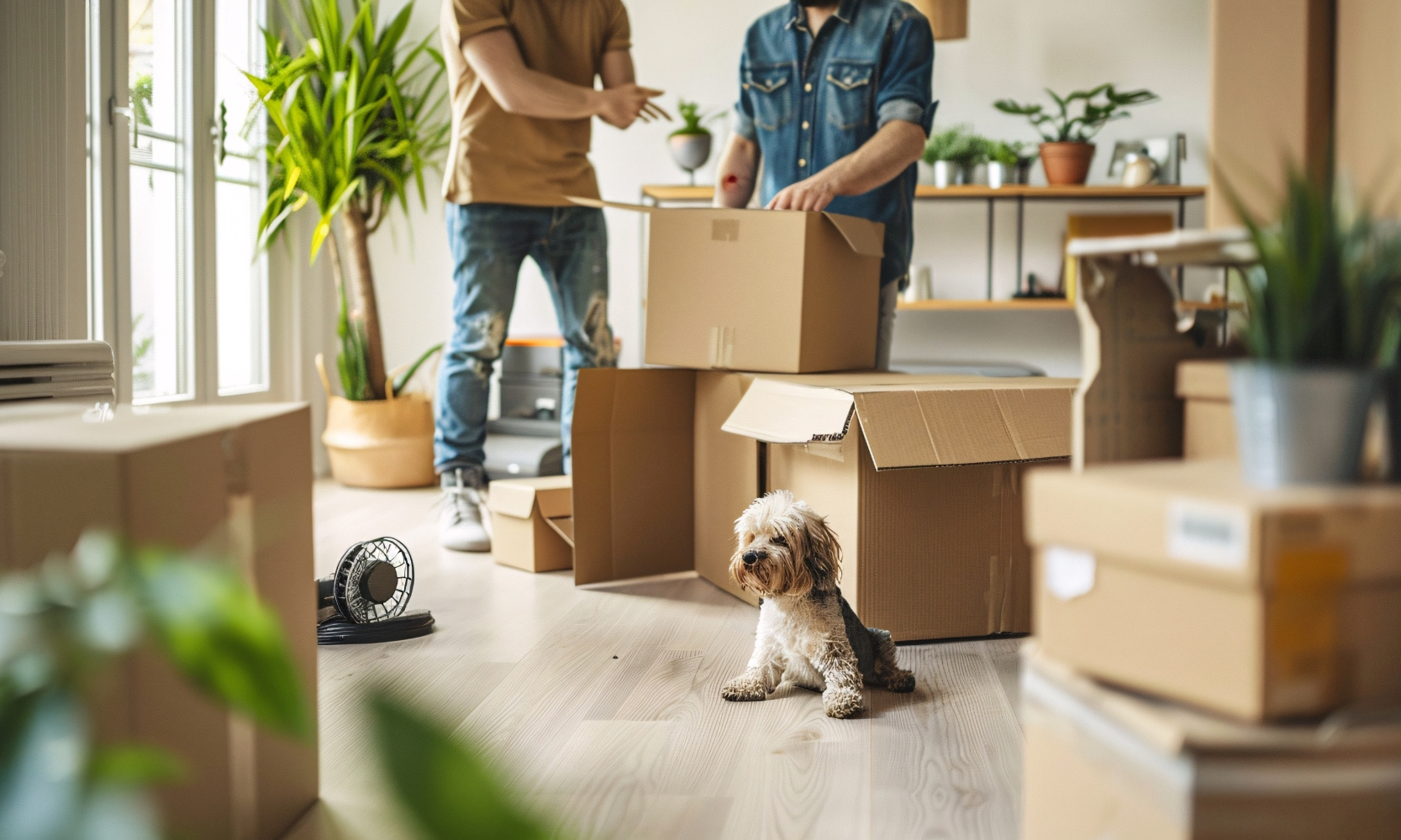 Two people unpacking and moving in with boxes and their small dog