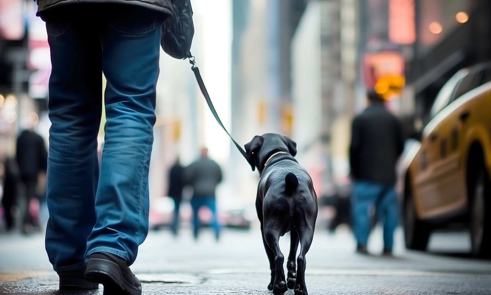 A person walking their black dog on a green leash in the city