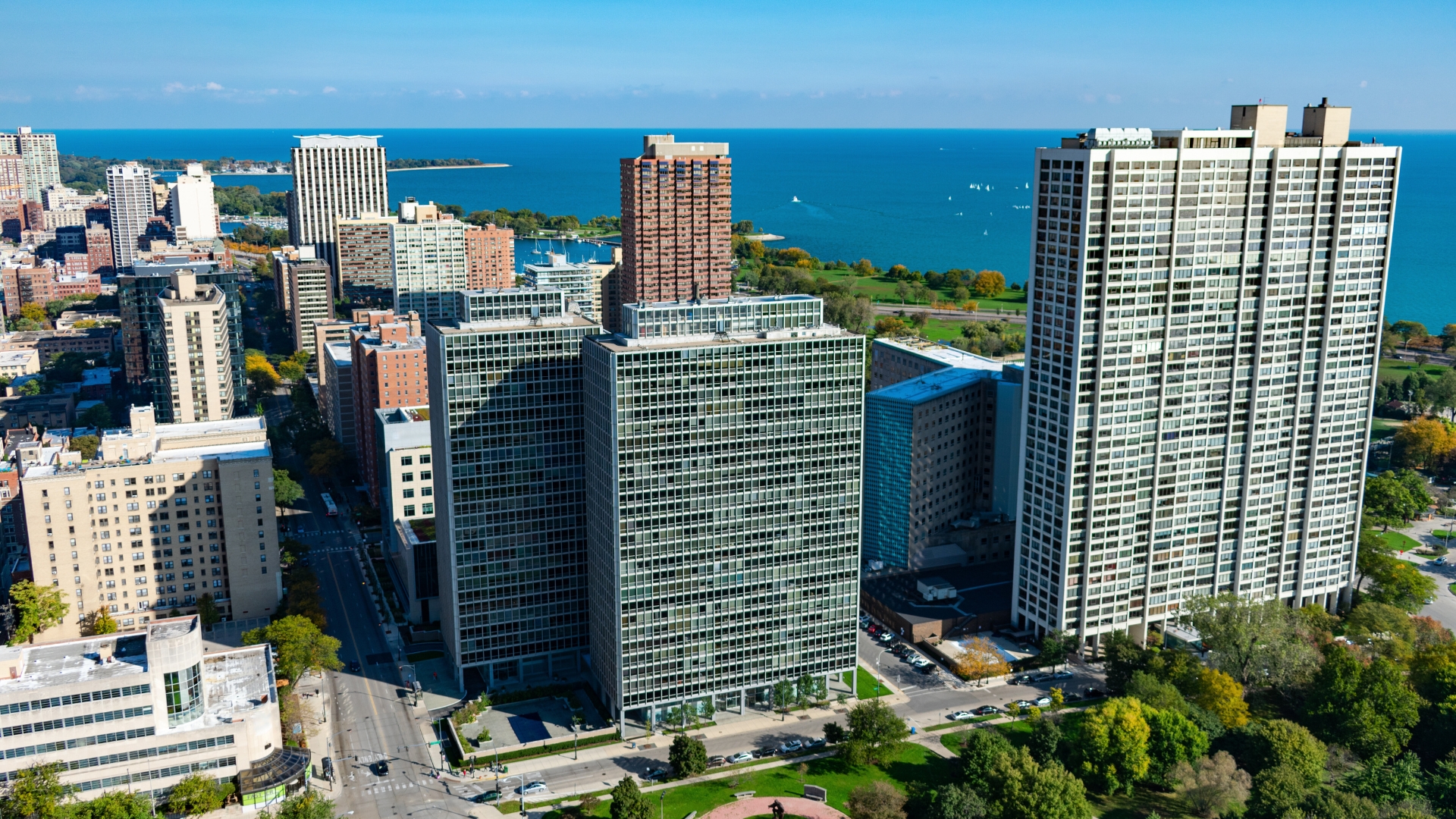 Aerial view image of Lakeview, Chicago with buildings and Lake Michigan in the background