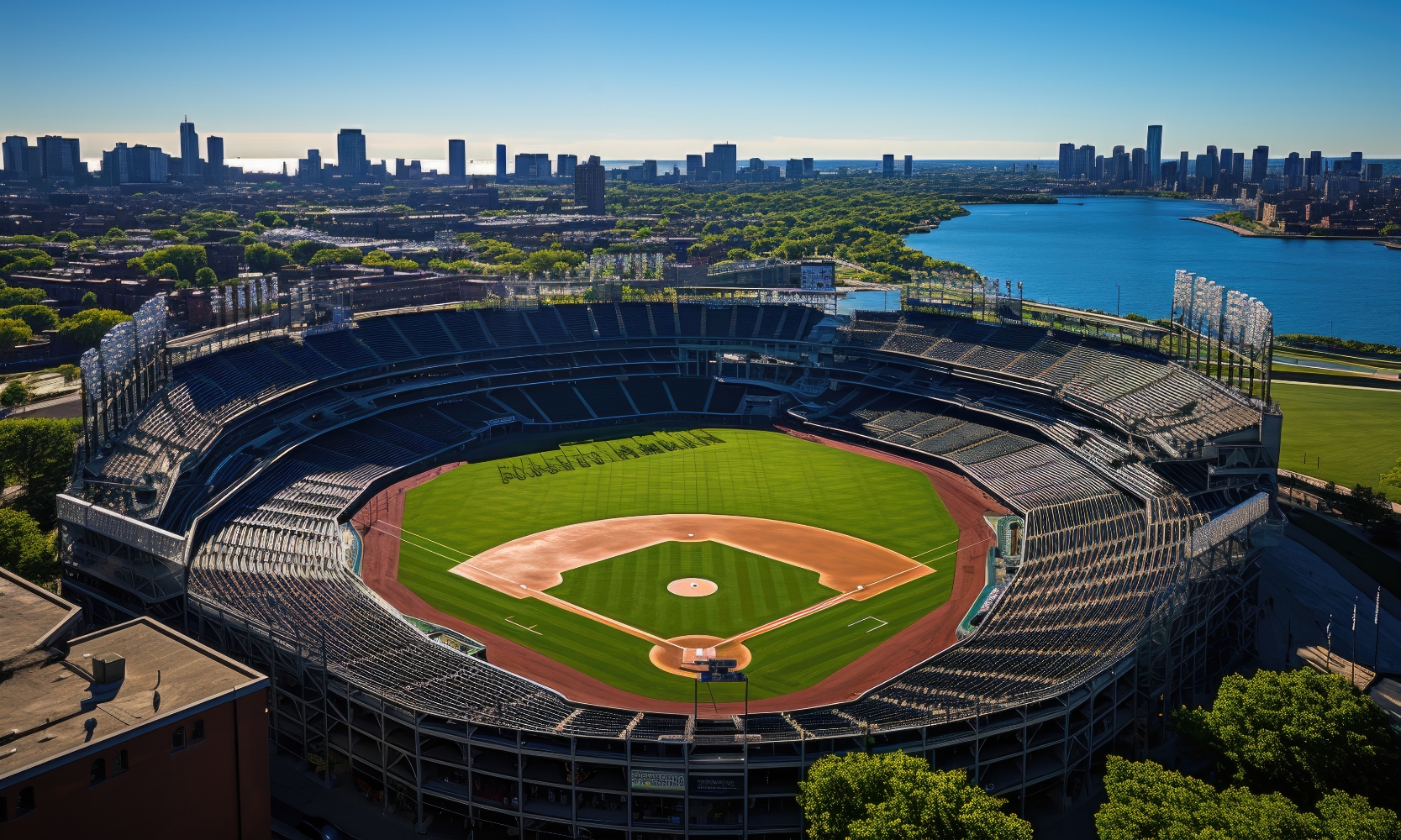 An aerial view image of Wrigley Field with the Chicago River and skyline in the background