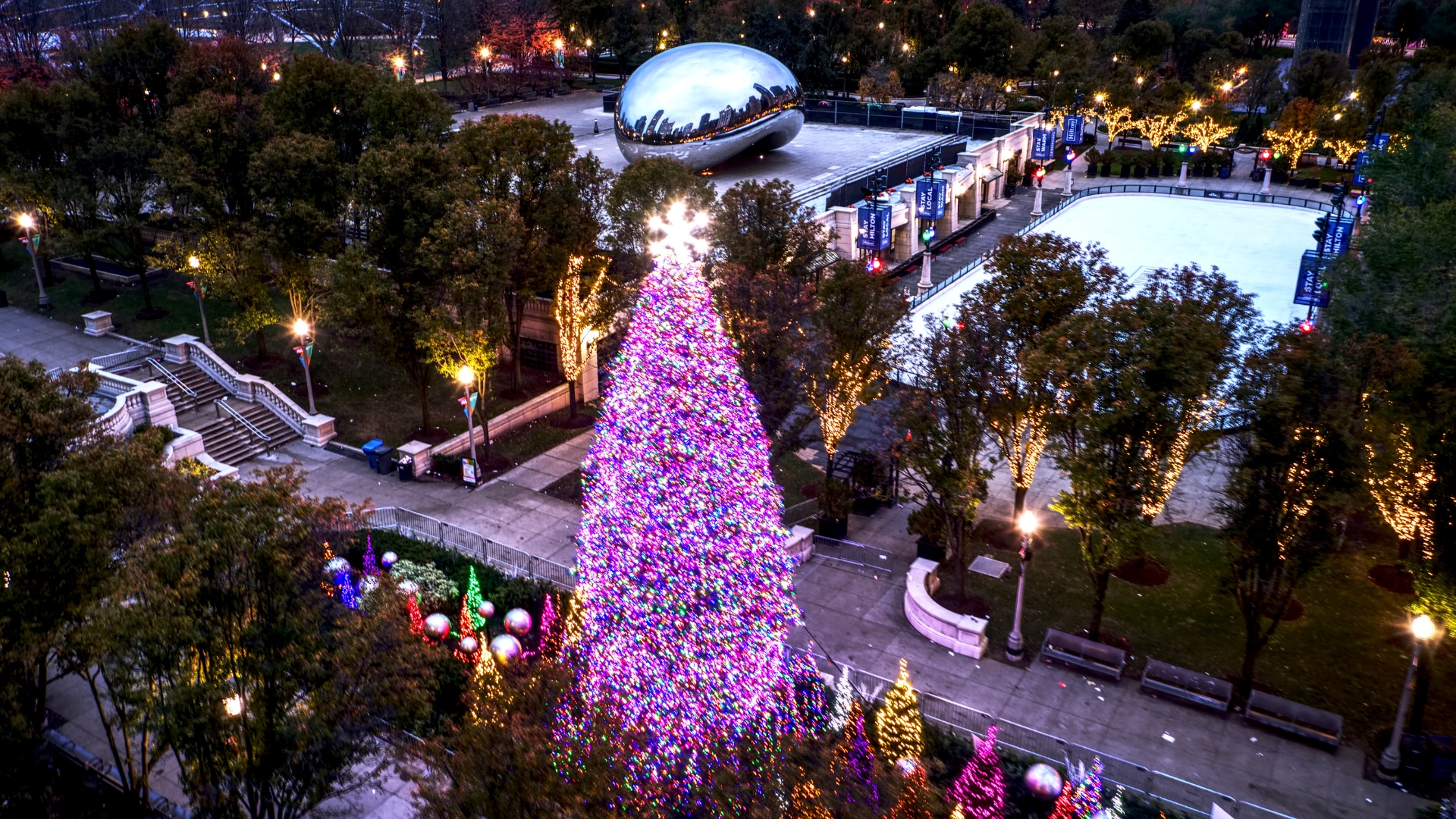 Aerial view image of a Christmas tree and the Chicago "bean" during the holidays