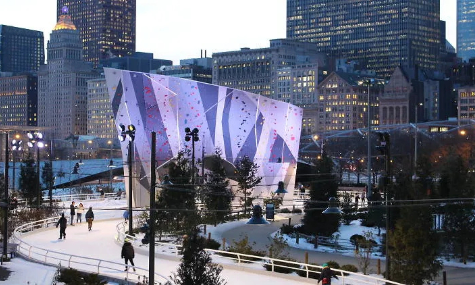 Image of people ice skating at Maggie Daley Park's ice skating ribbon in Chicago