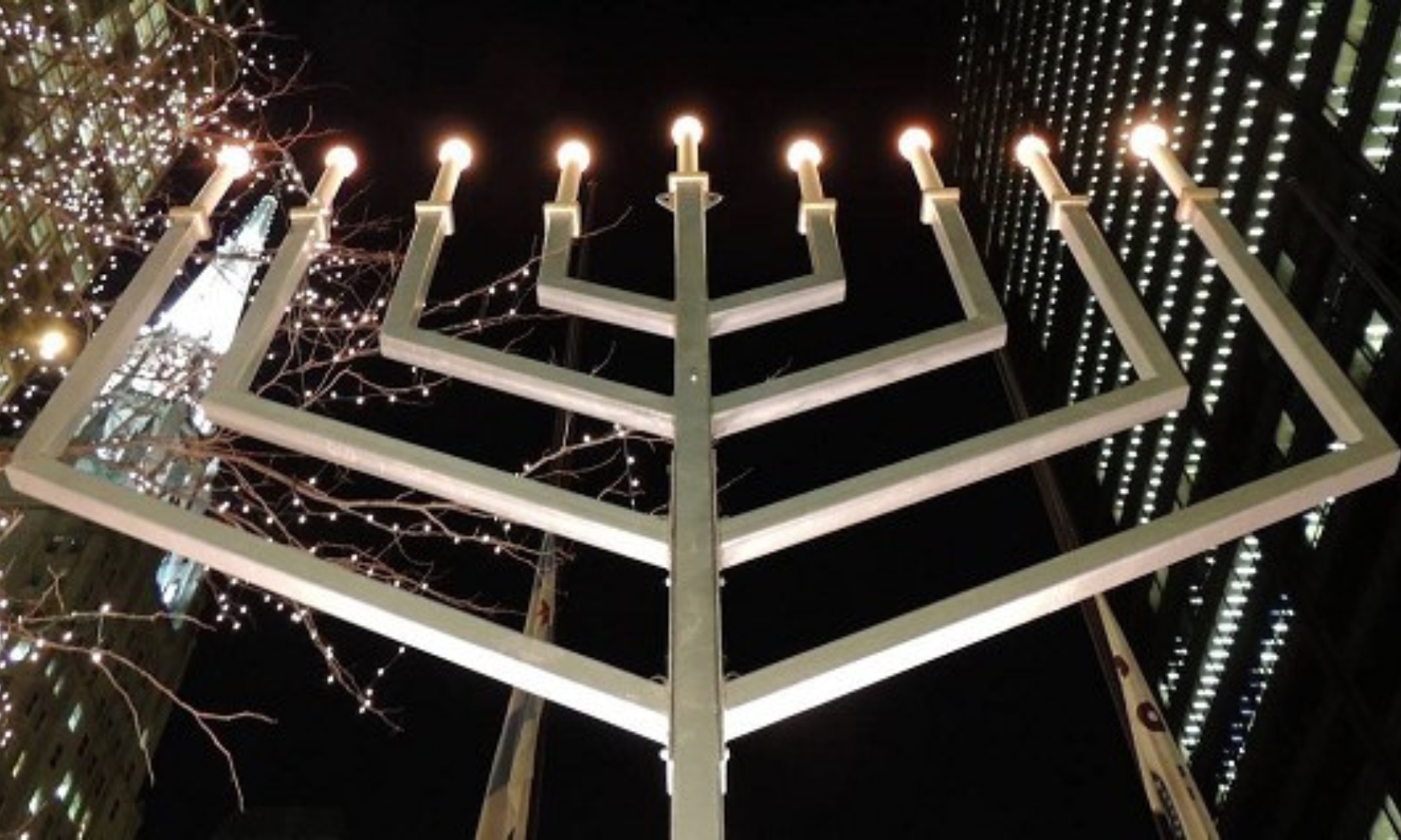 A closeup image of the Menorah Lighting Display at Daley Park in Chicago