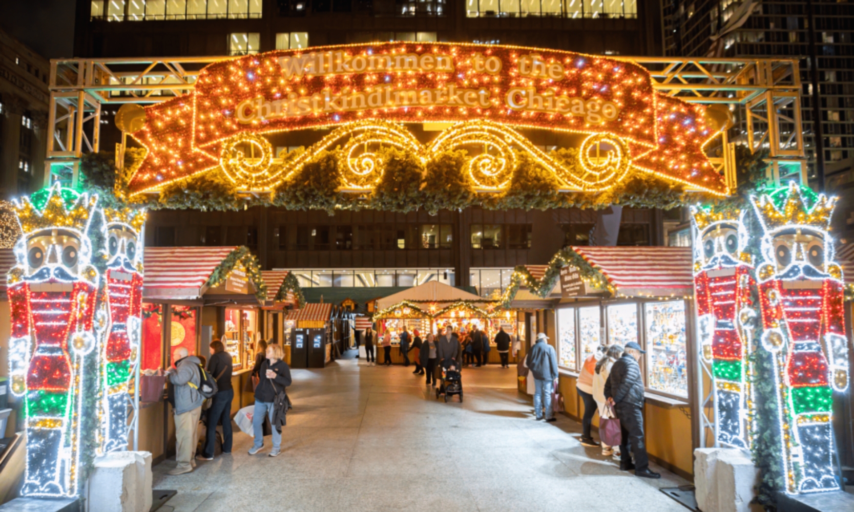 Image of the illuminated holiday-themed entrance at The Christkindmarket in Chicago