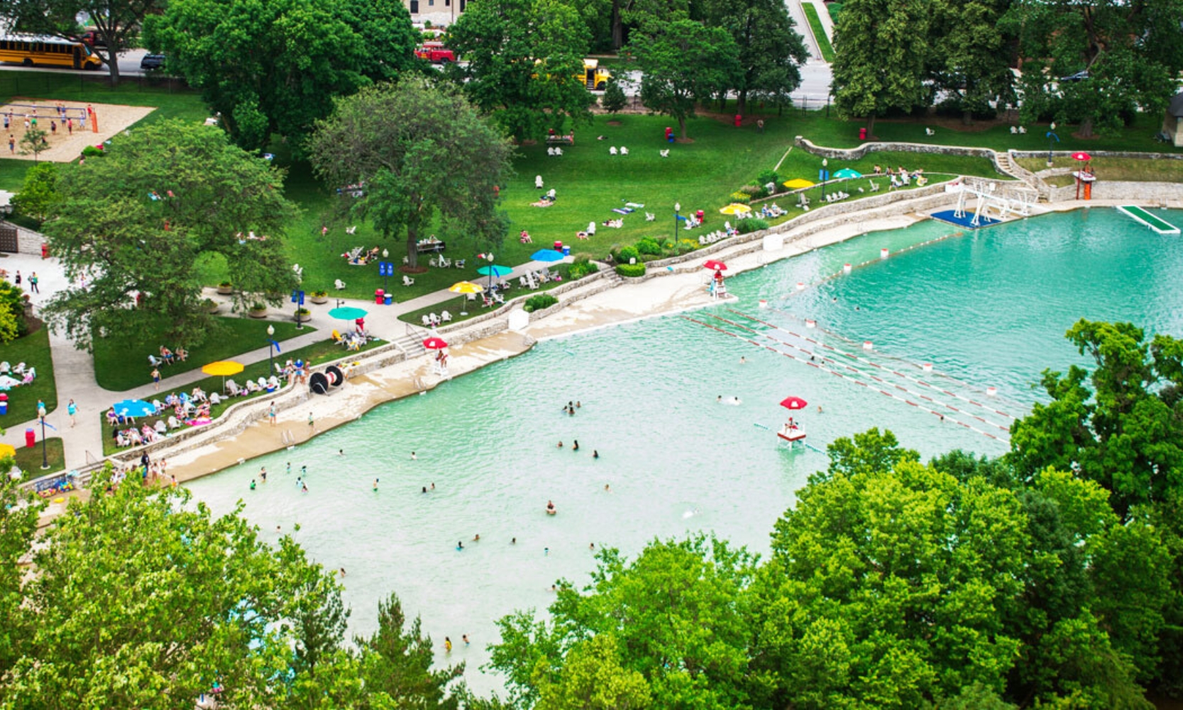 Aerial view image of people at Centennial Beach in Naperville, IL