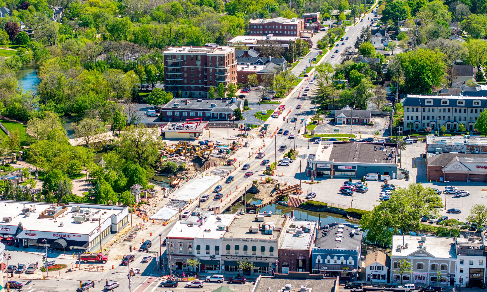 An aerial view image of downtown Naperville, IL