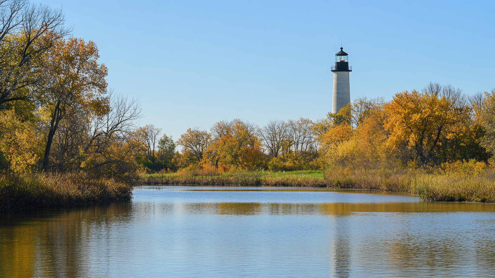 Image of a lighthouse, trees, and lake during the day in Kane County, IL