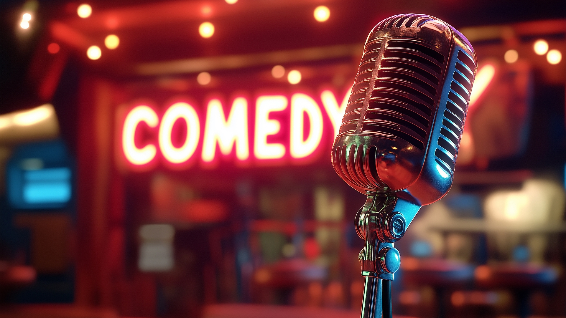 Closeup image of a mic with a lit up red comedy sign glowing in the background