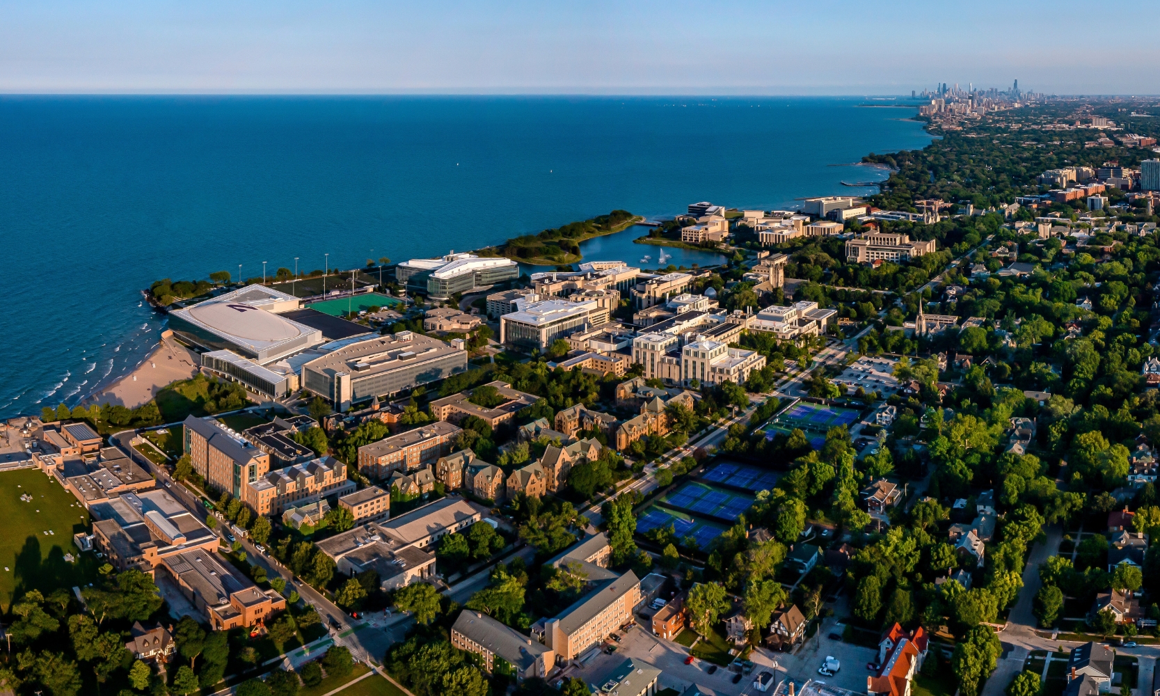 Aerial view image of the Northwestern University Evanston campus and surrounding neighborhoods