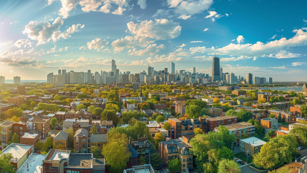 Wide shot image of a tree-lined residential neighborhood outside the Chicago skyline