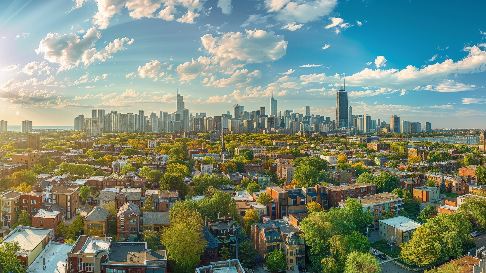 Wide shot image of a tree-lined residential neighborhood outside the Chicago skyline