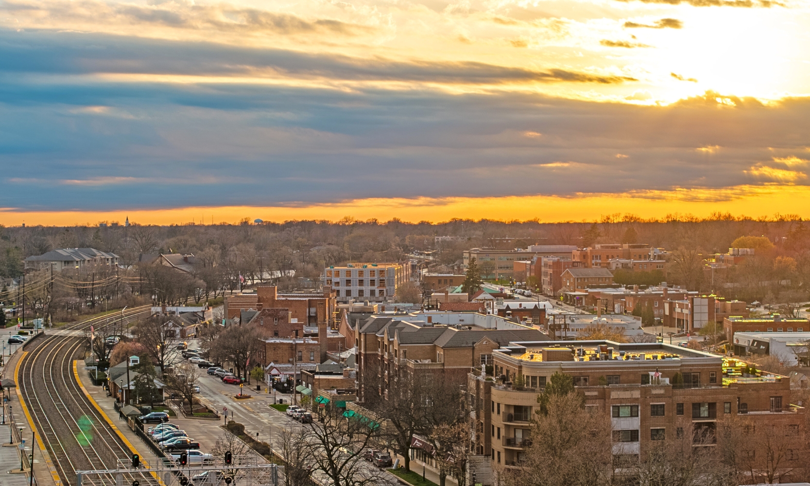 Aerial view image of a suburban neighborhood at sunset in Glen Ellyn, IL