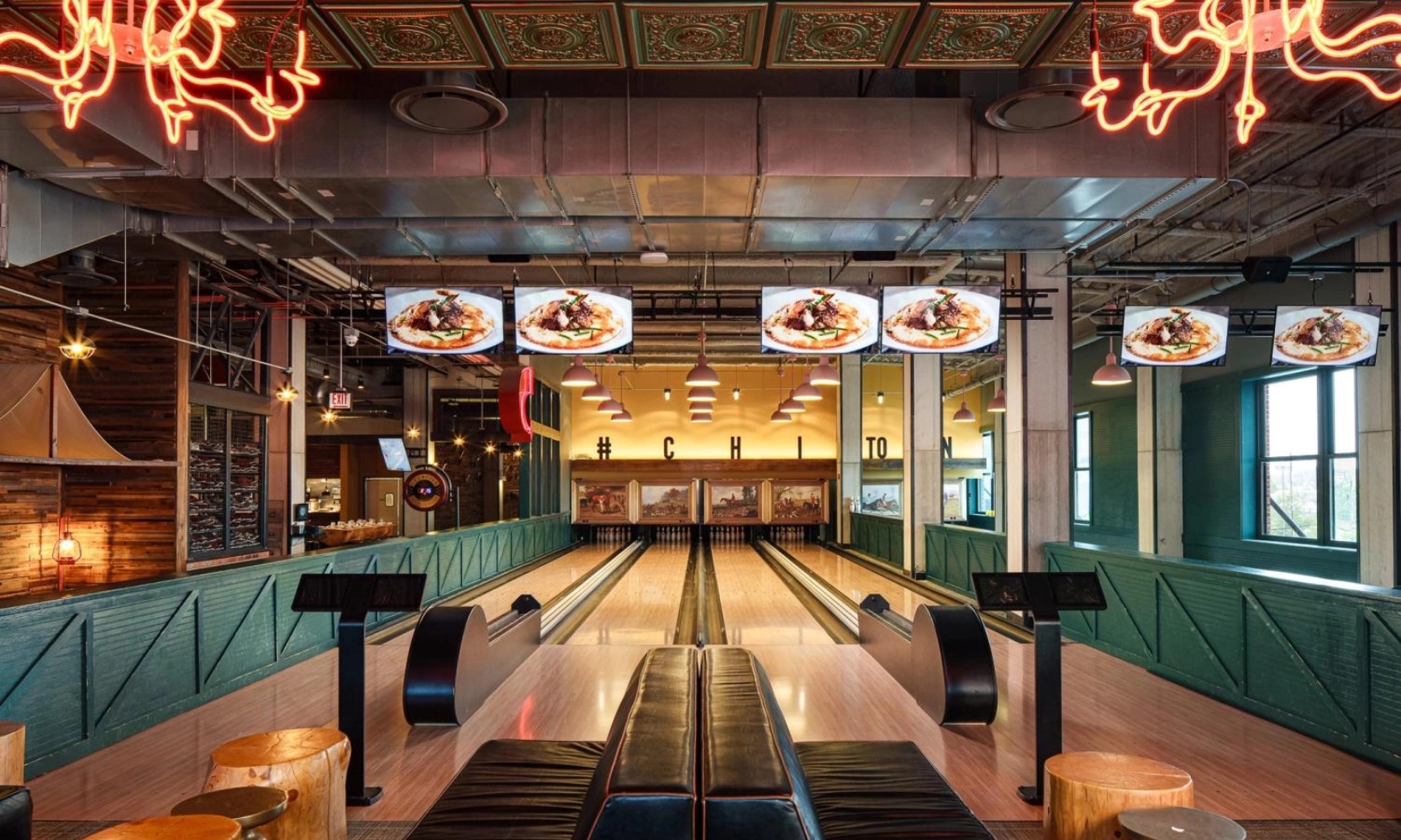 Wide shot image of the Punch Bowl Social Chicago bowling lanes at Fulton Market District