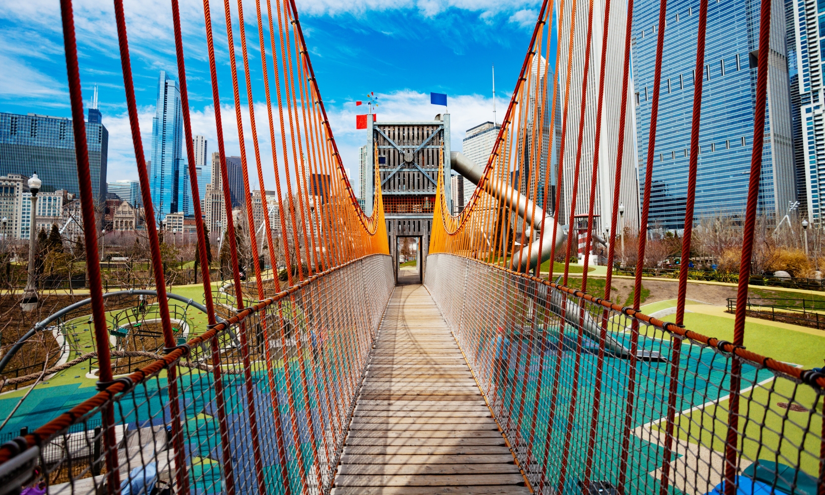 A first point of view image of the children's playground bridge in Maggie Day Park at Millennium Park, Chicago