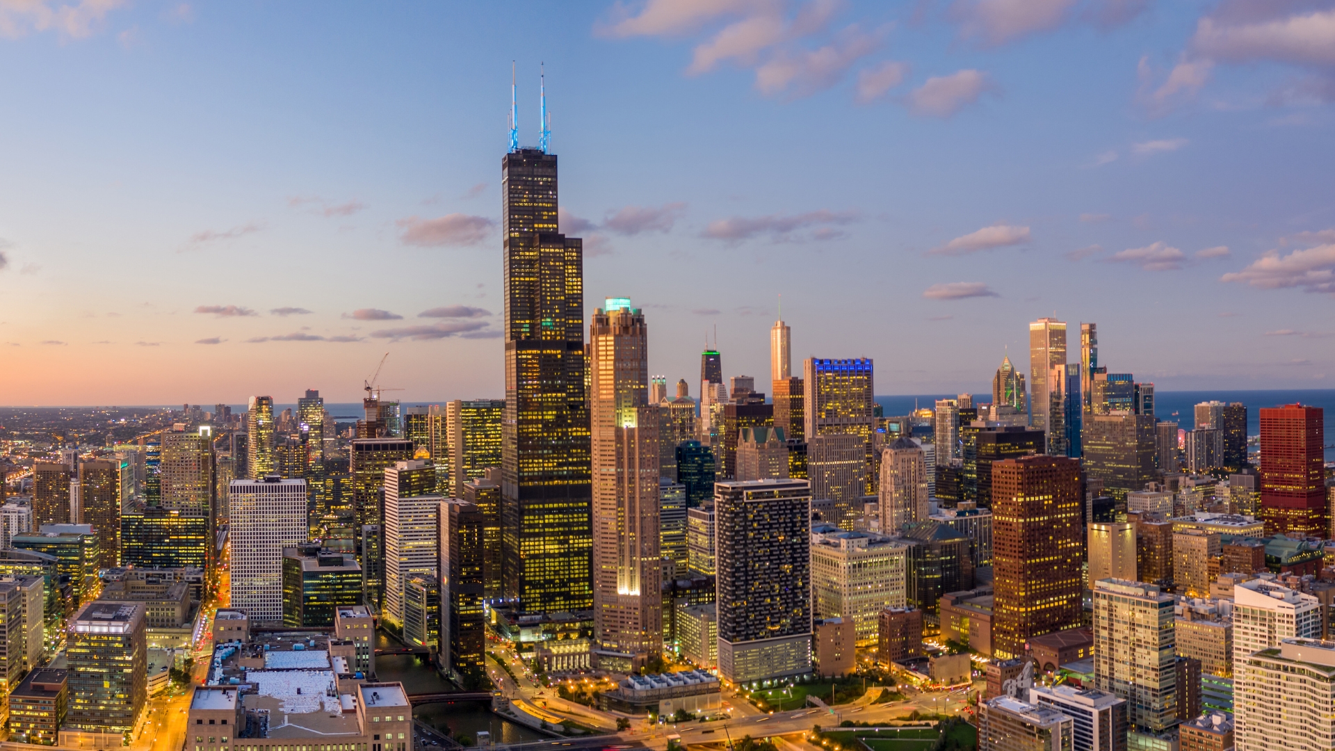 Image of Chicago skyscrapers at dusk from the South Loop point of view