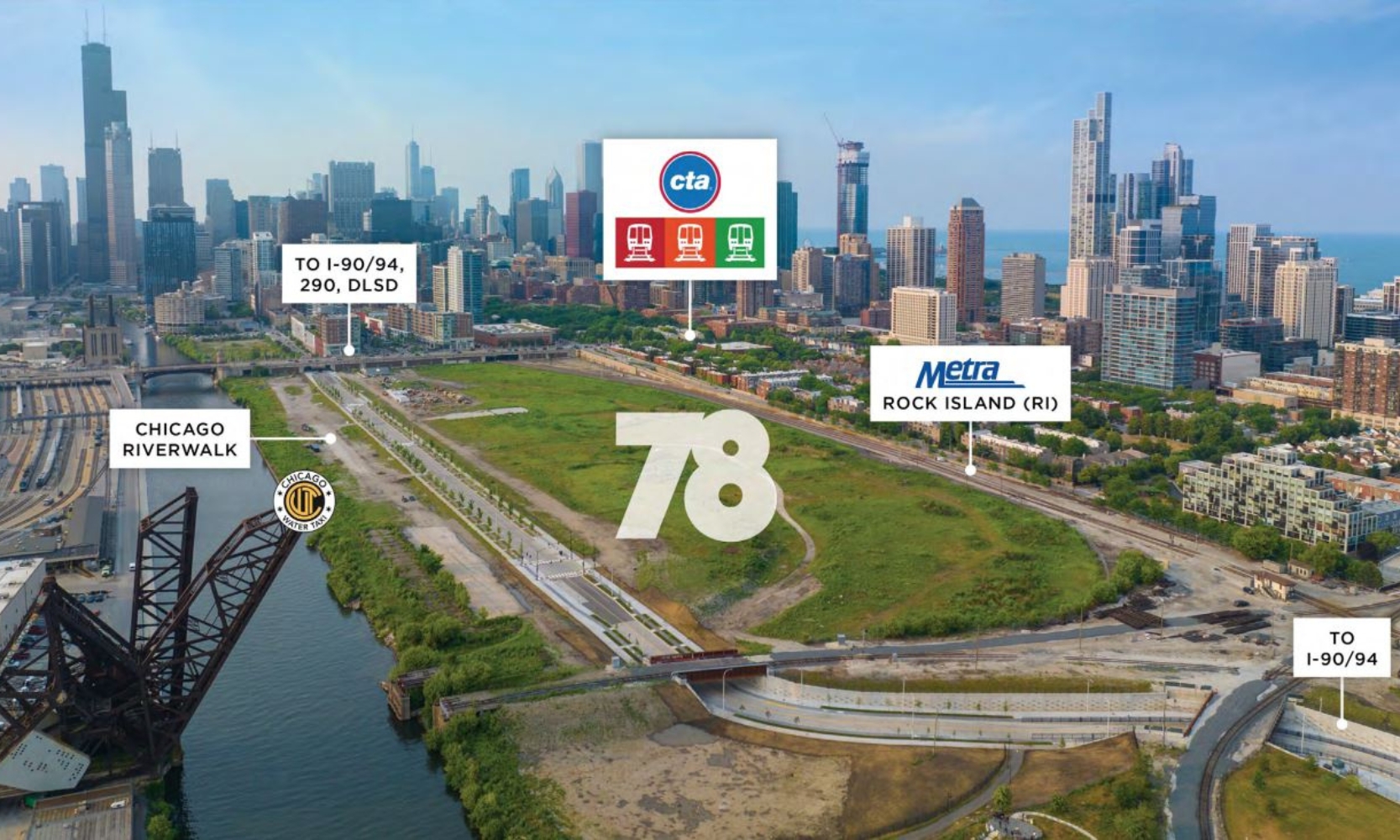 An image graphic of the new public transit options to The 78 in Chicago