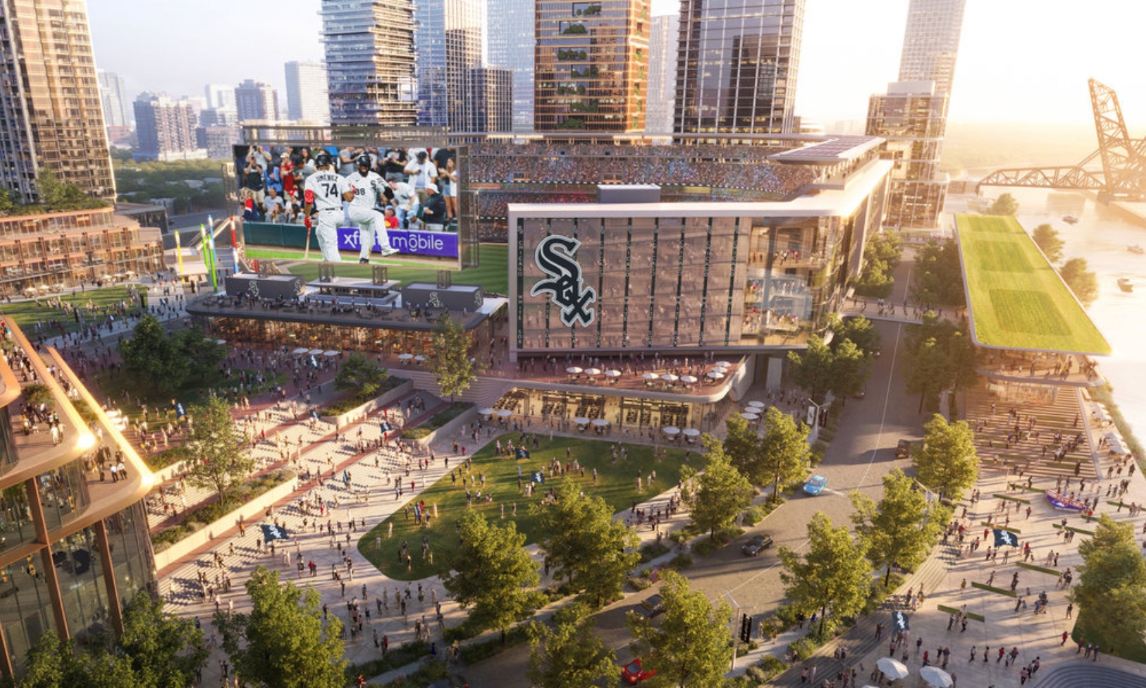 Aerial view rendered image of The 78's new White Sox ballpark with people walking around, skyscrapers, and the Chicago River