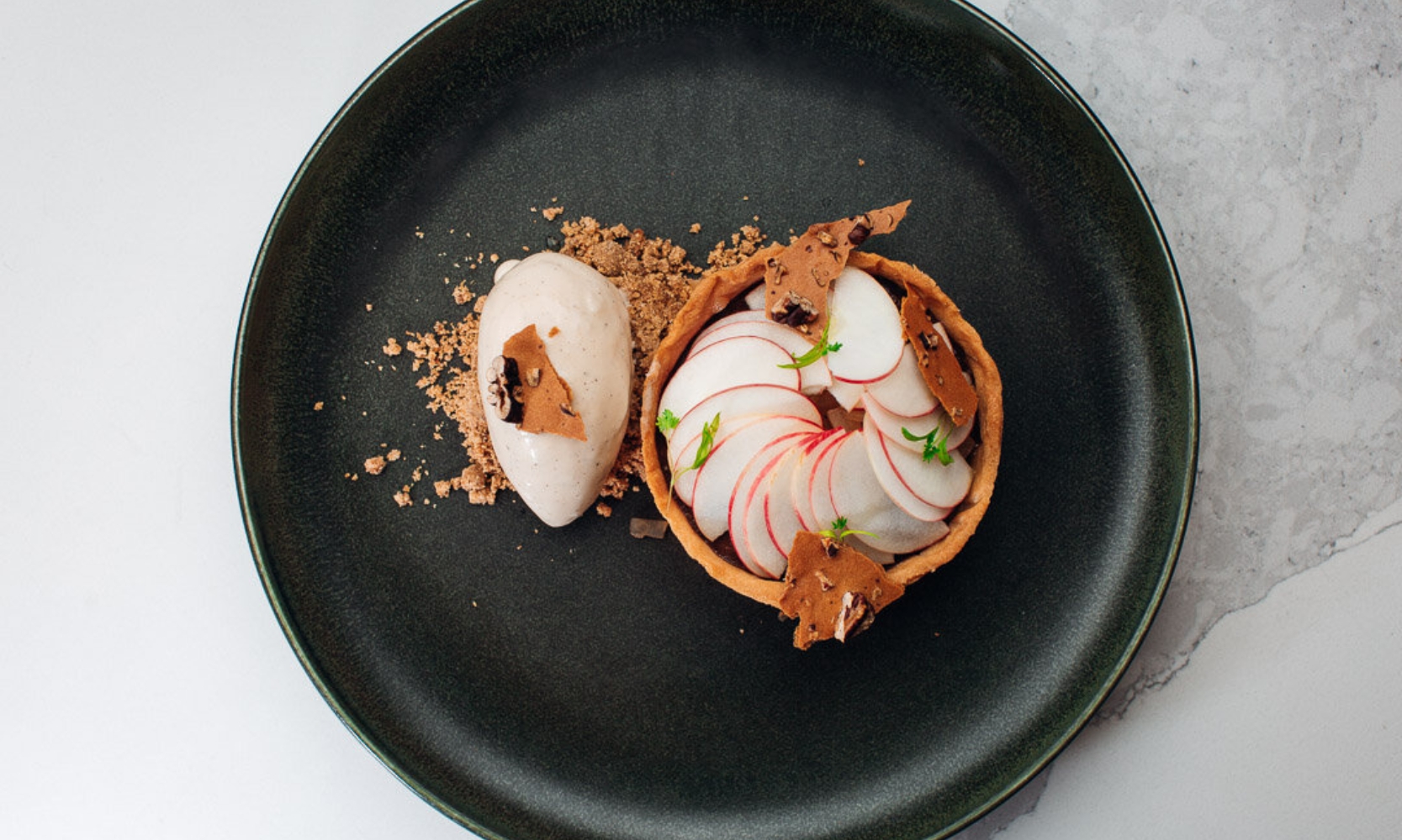 Top-view close-up image of a fine fining dish at The Purple Pig in Streeterville, Chicago