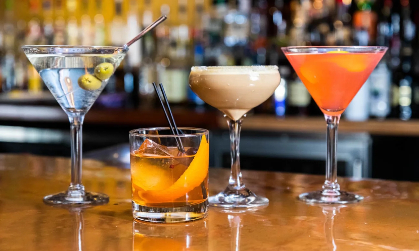 Closeup image of four craft cocktails at Big Shot Piano Lounge & Restaurant in Arlington Heights, IL