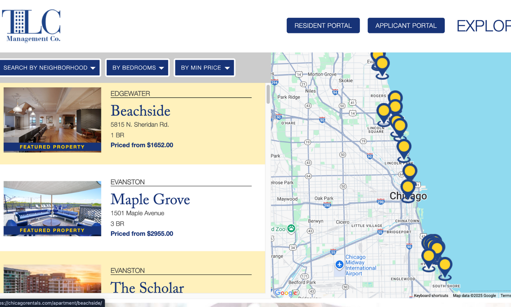 Screenshot of the ChicagoRentals.com apartment search filters and website