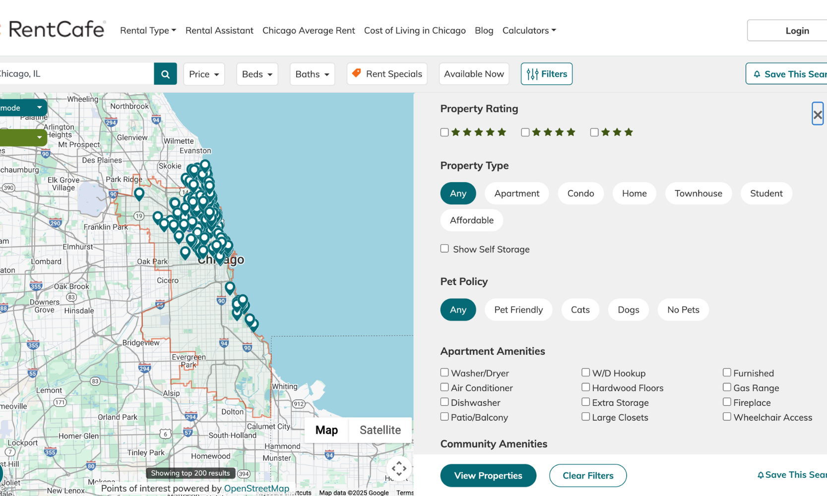 Screenshot of the RentCafe.com apartment search filters and website