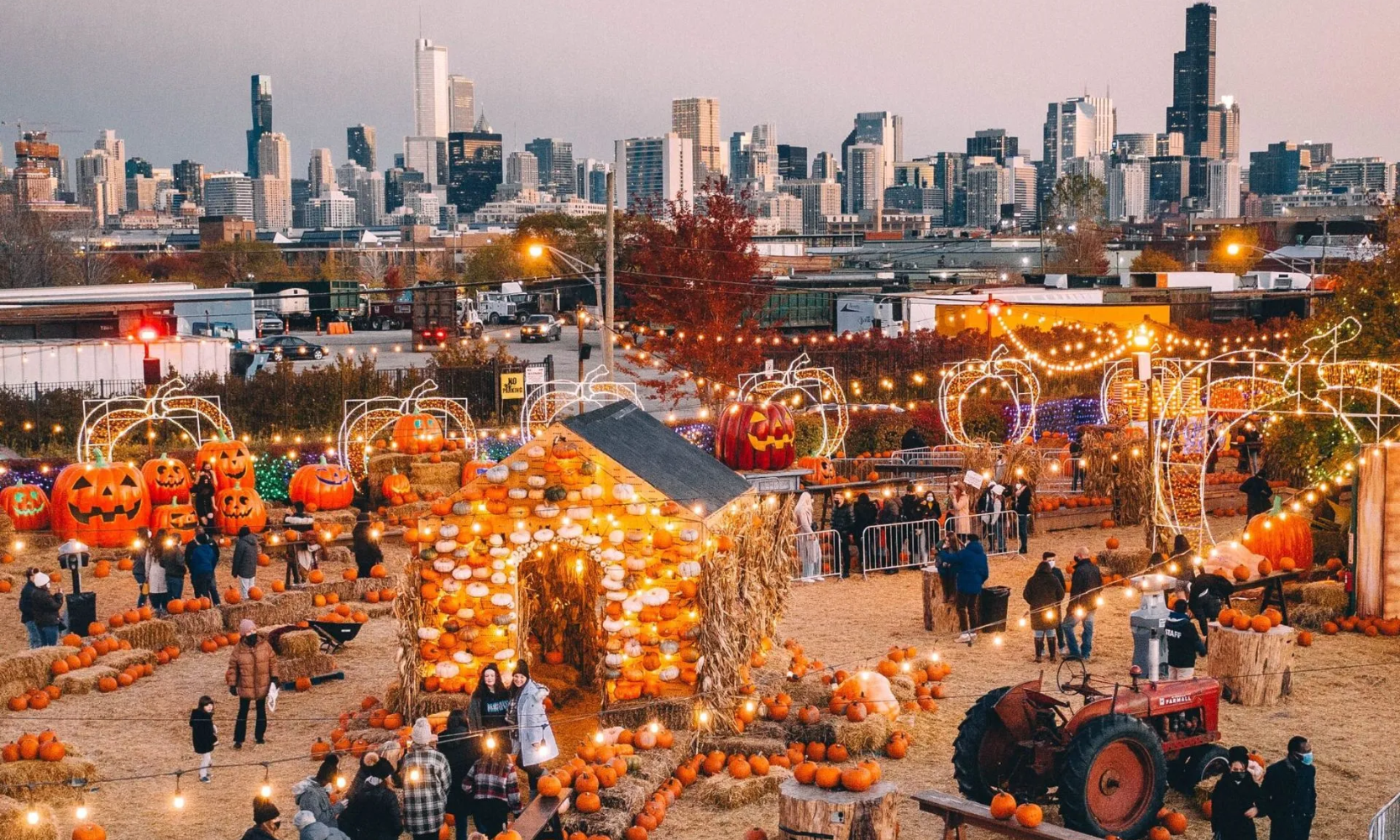 Aerial view image of the Jack’s Pumpkin Pop-Up event with the Chicago skyline in the background