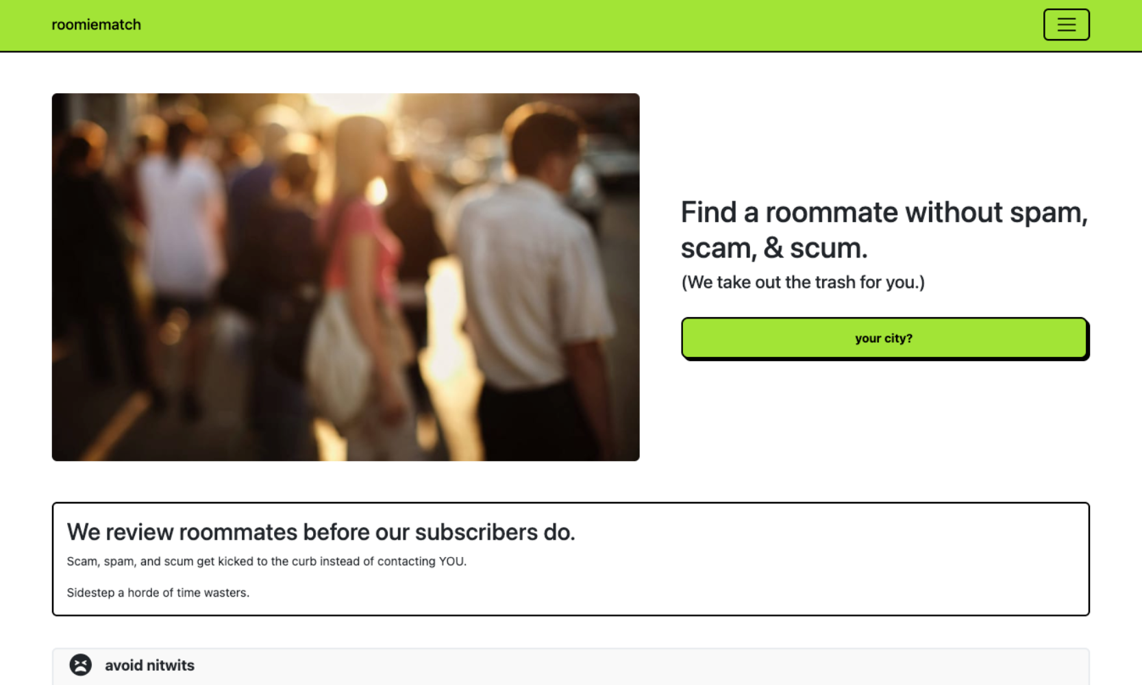 A screenshot of the RoomieMatch website's home page