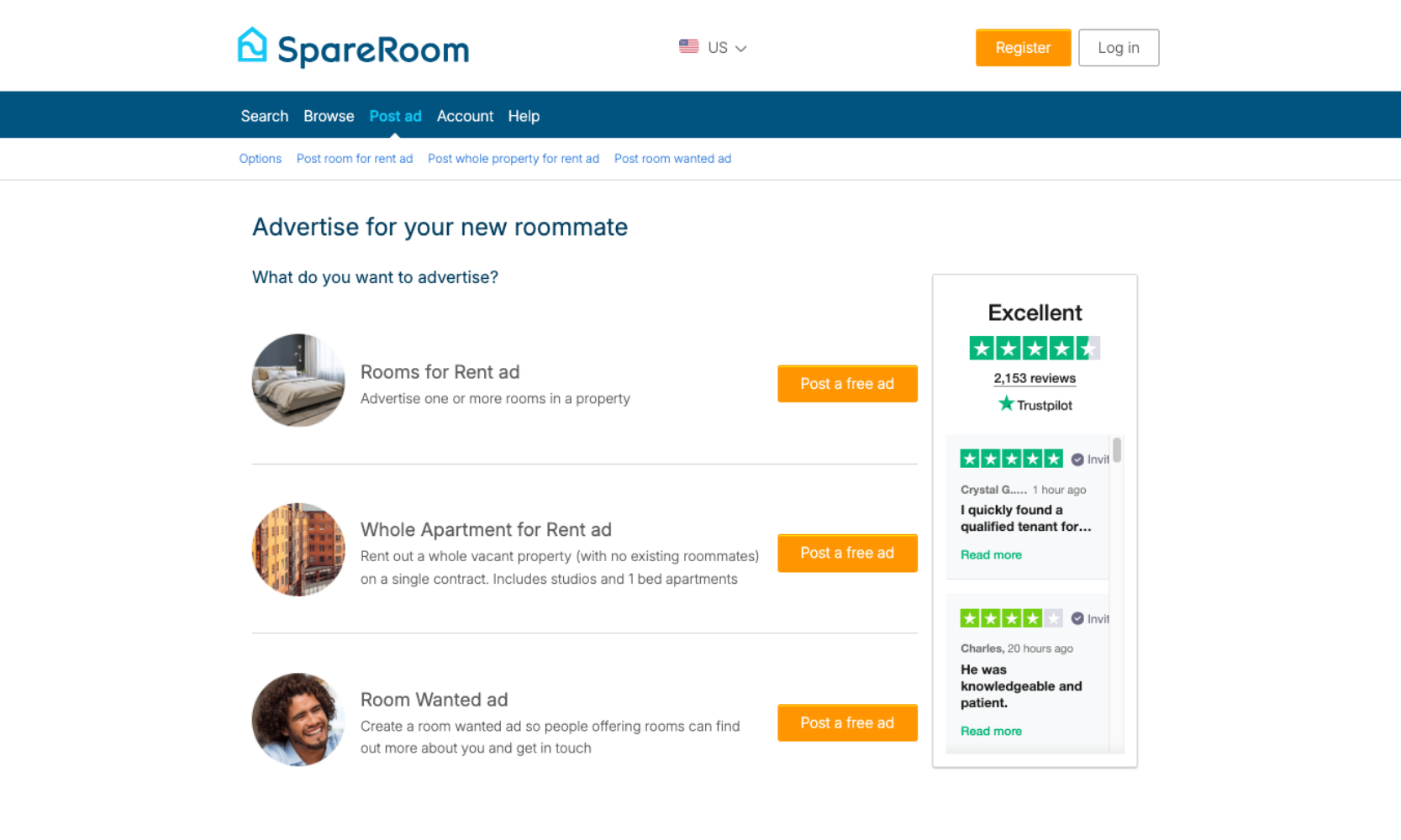 A screenshot of the SpareRoom website's advertising options