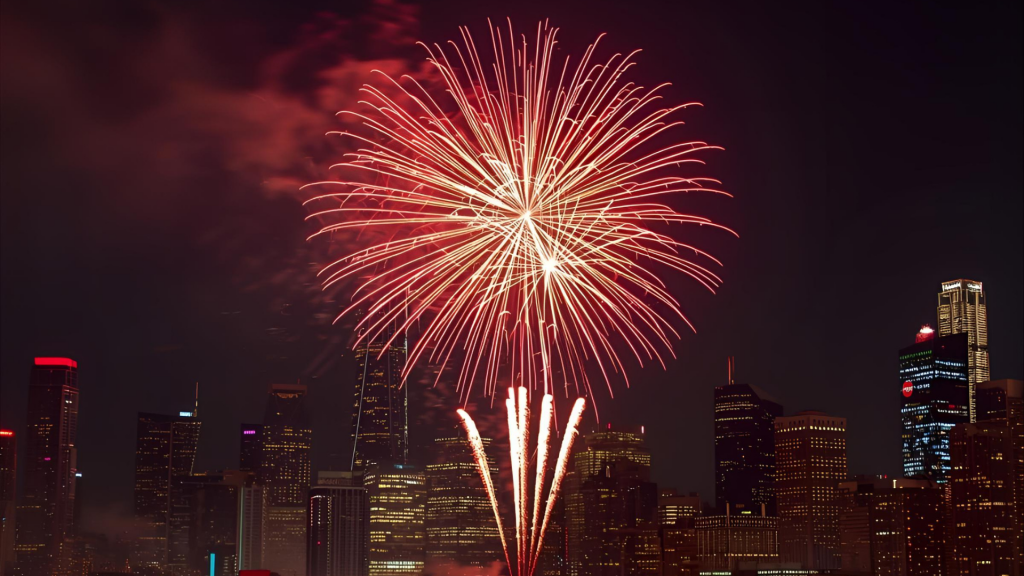 Image of a New Year's fireworks display in front of the Chicago skyline
