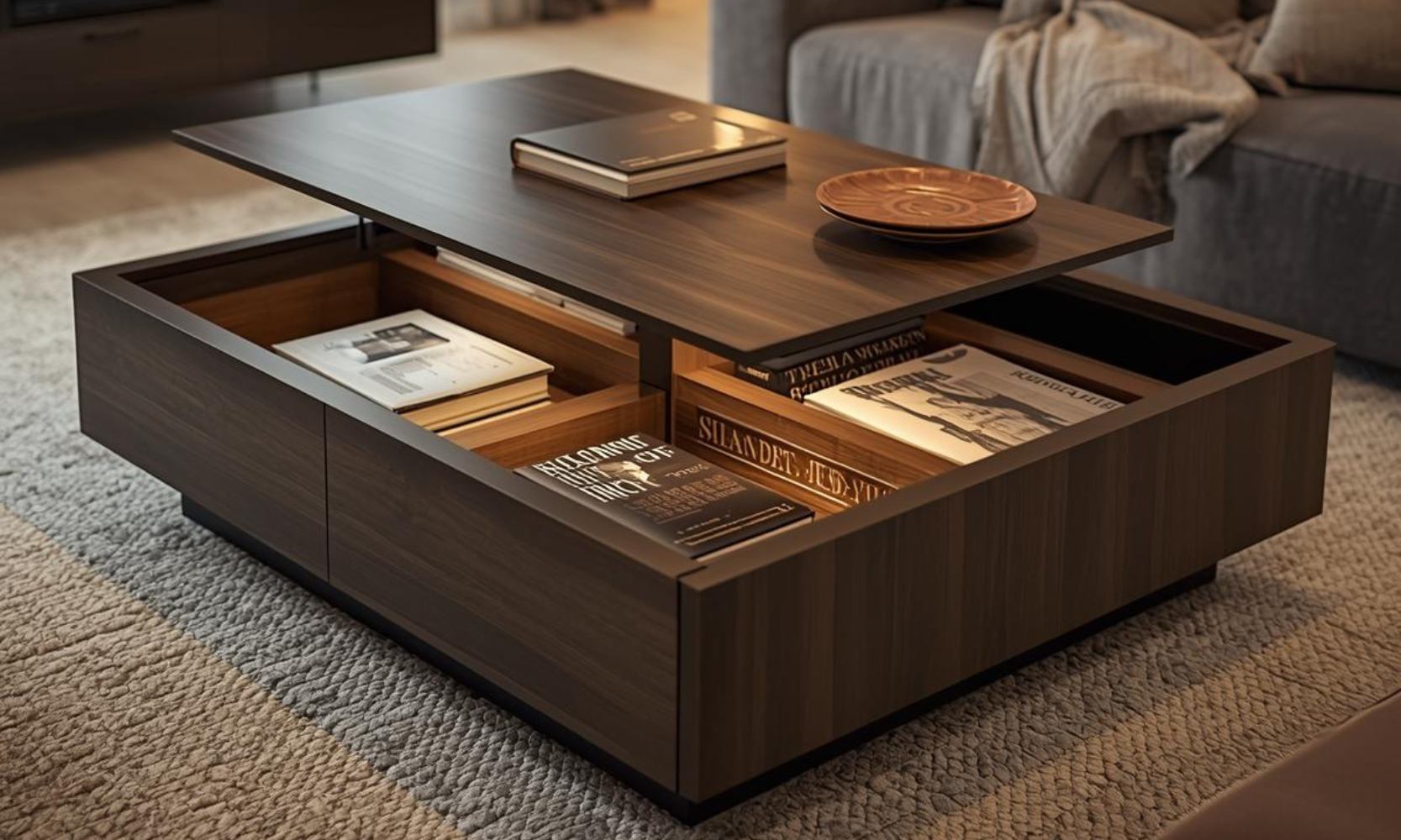 Closeup image of a wooden coffee table with hidden storage that opens in front of a gray couch