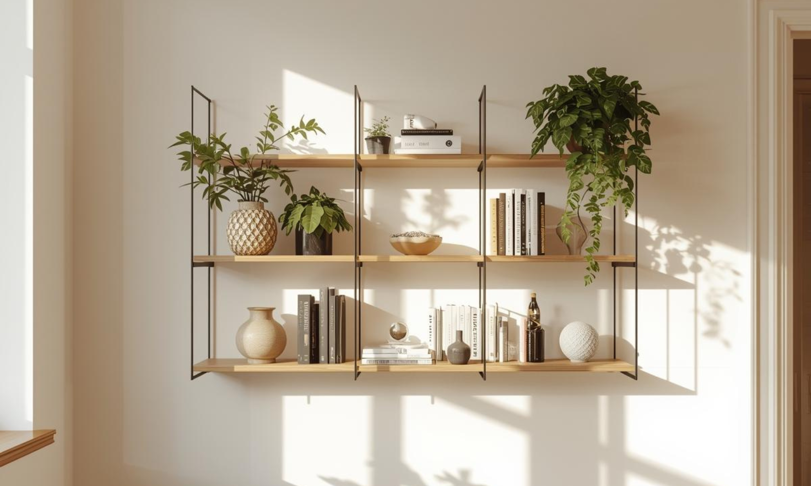 Image of a wooden wall mounted shelf system storing plants, books, and decorations