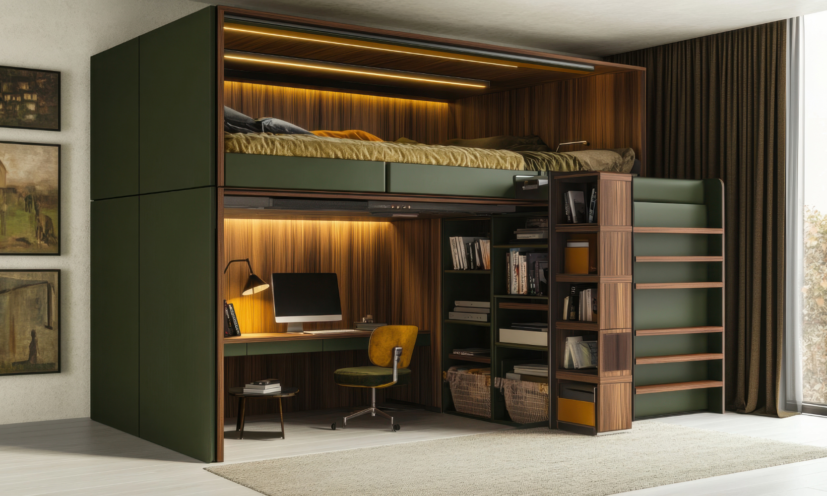 Image of a green and brown loft-style bed with an office setup underneath