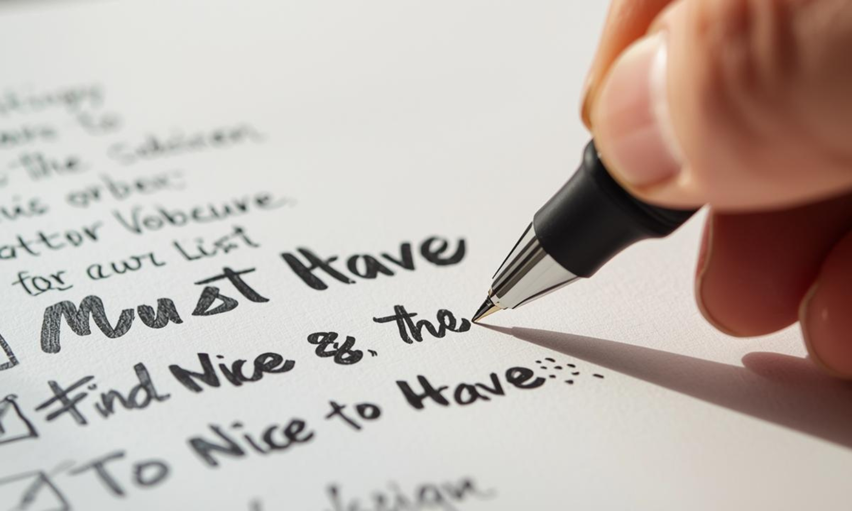 Closeup image of a person writing a must have and nice to have list