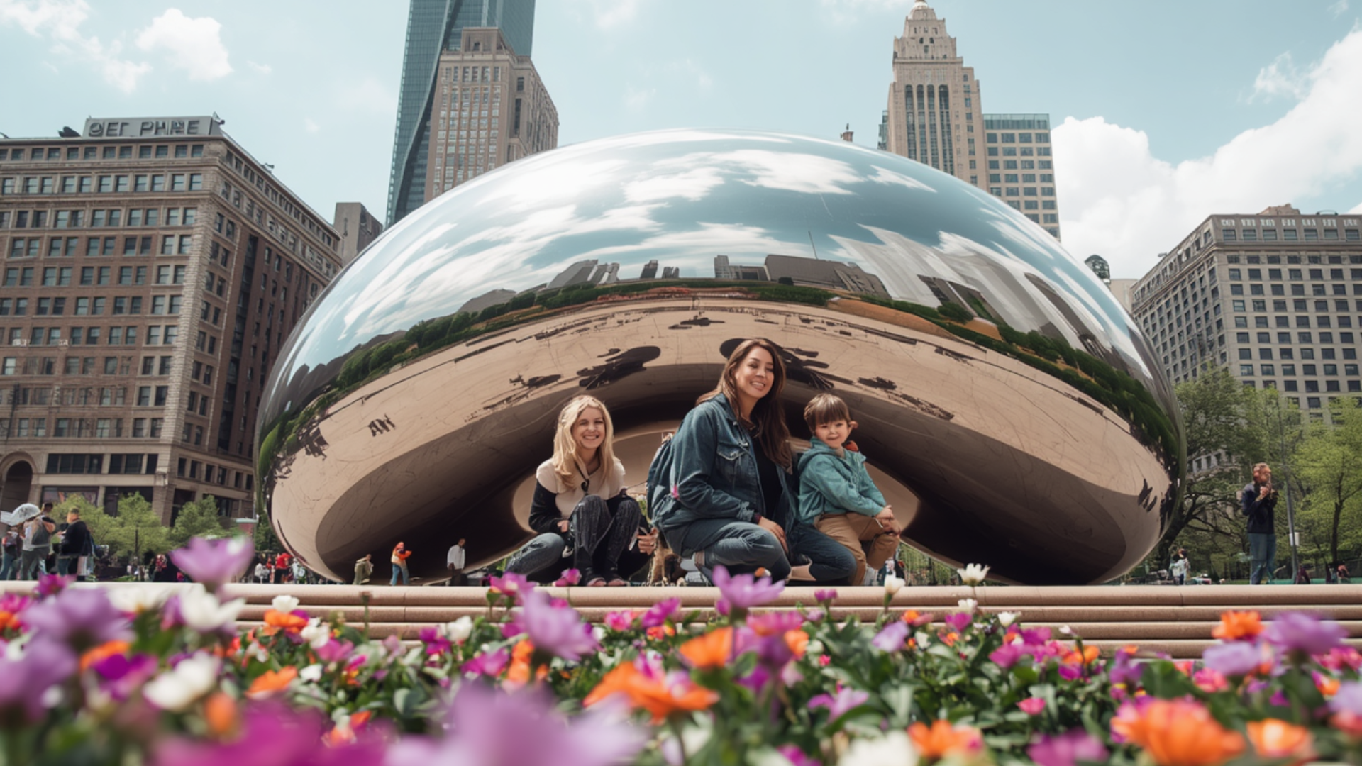 Image of two women and a child looking at flowers in front of the Chicago Bean