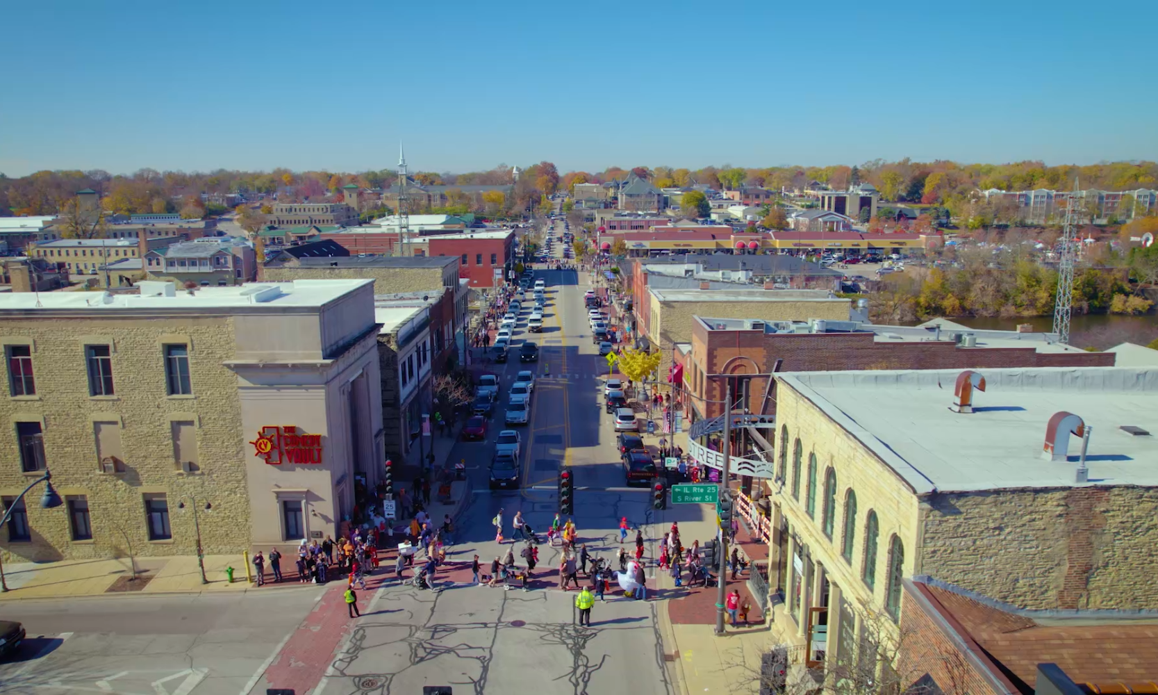 Aerial view image of downtown Batavia, Illinois, with people walking around