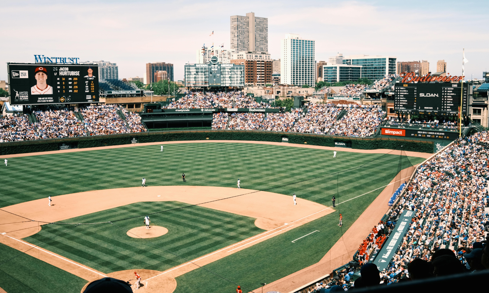Aerial view image of a baseball game at Wrigley Field