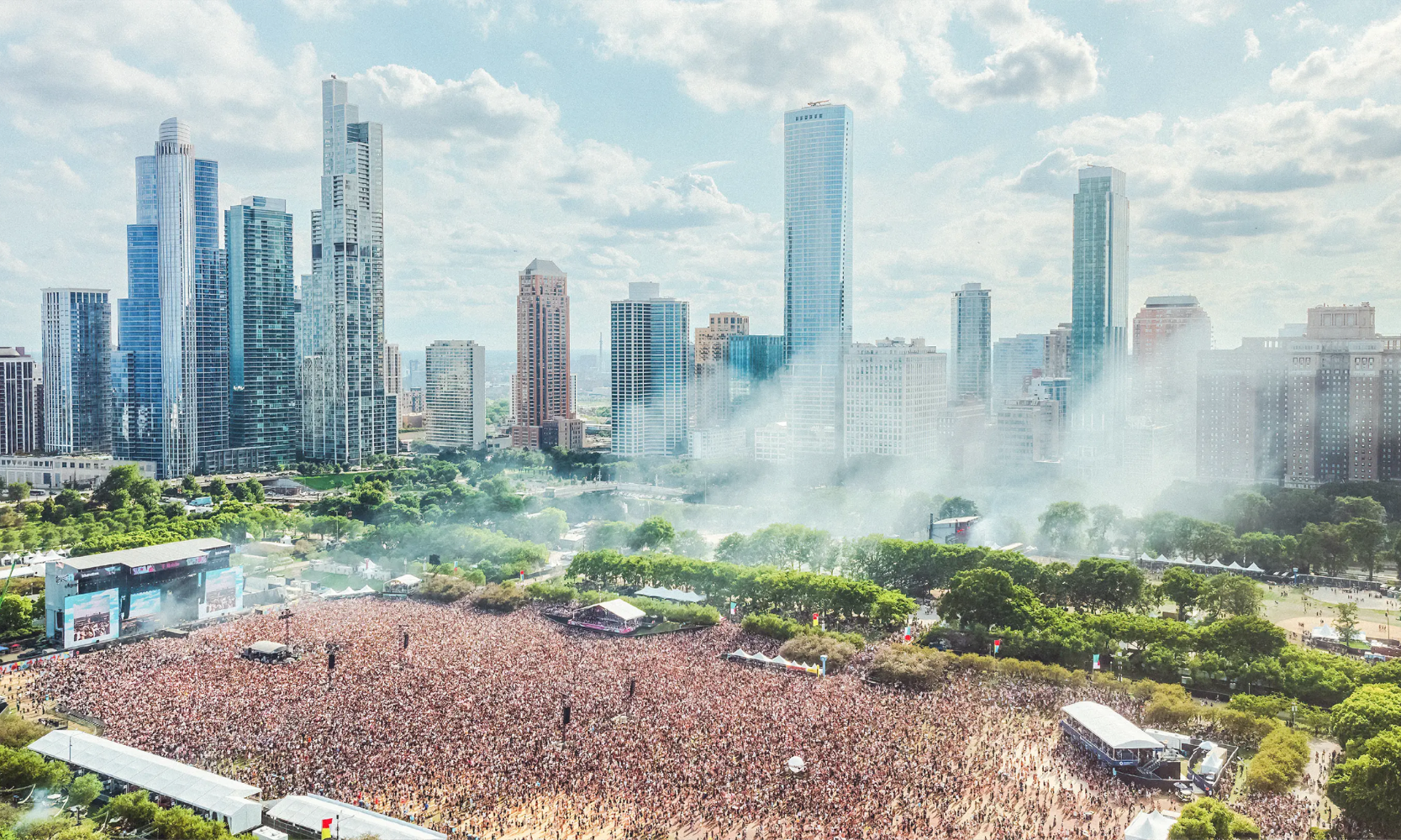 Aerial view image of the Lollapalooza music festival in Chicago’s Grant Park during the day