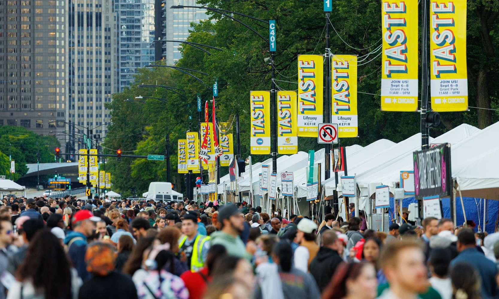 Image of a large crowd walking and waiting in line for food vendors at the Taste of Chicago